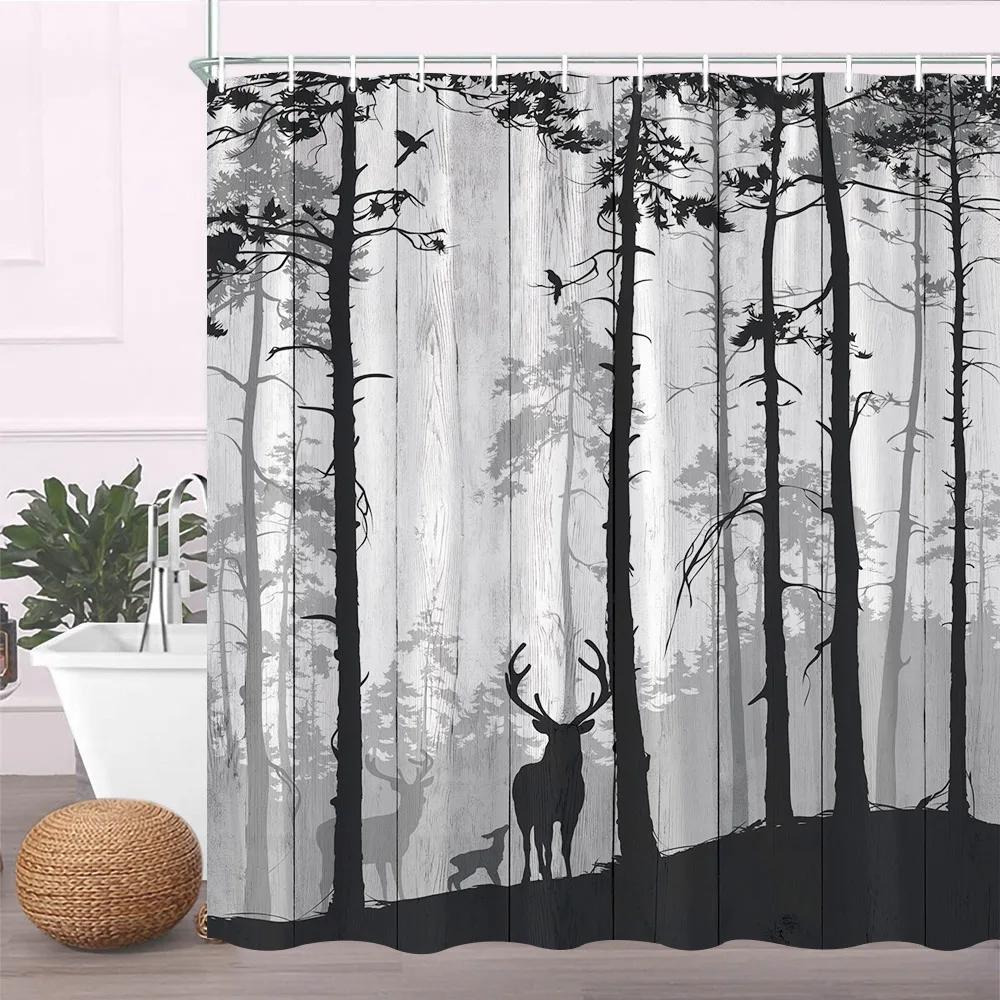Modern Black Shower Curtain Set With Hooks-Black And White Shower Curtain For Bathroom Fabric Geometric Bath Curtains With Hooks