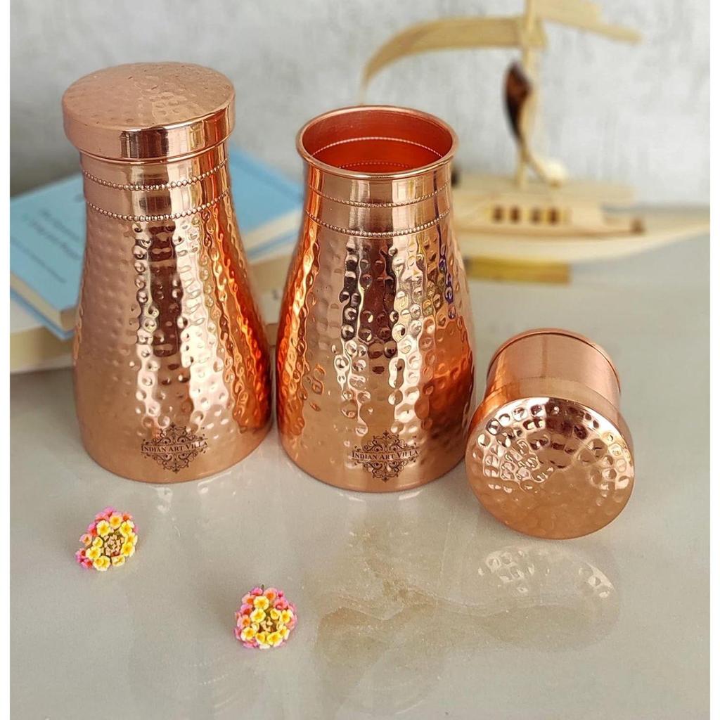 Pure Copper Bedroom Water Bottle with Inbuilt Glass, Hammered Shine Design, Drinkware and Storage Purpose, 1 Litre (Pack of 2)