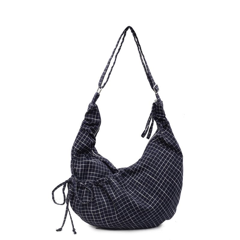 Damen Umhängetasche mit großem Fassungsvermögen Canvas Plissiertes Karomuster Nylontasche Pendler Schultertasche