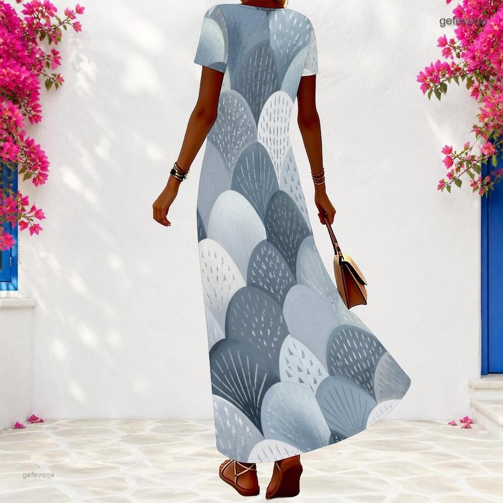 Women Plus Size V Neck Short Sleeve Geometric Printed Maxi Dress