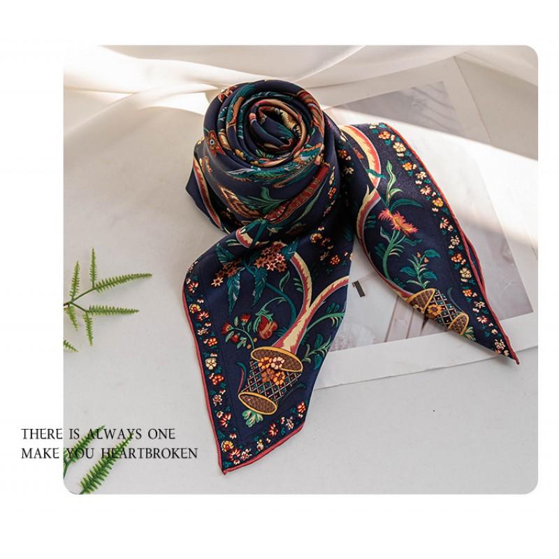 Retro Silk Scarf Women Versatile Elegant Shawl Commute Sun Protection 105x105cm Square