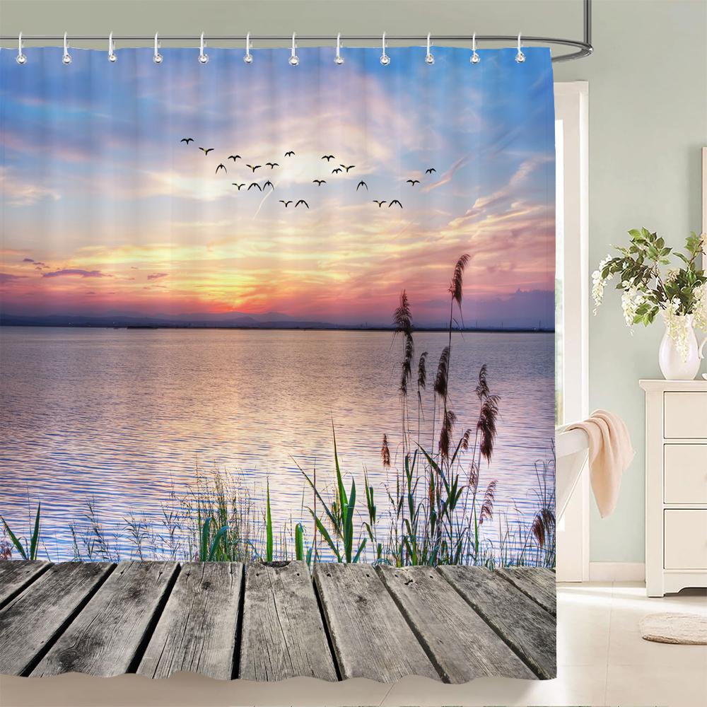 High Quality Sunny Beach Printed Fabric Shower Curtains Sea Scenery Bath Screen Waterproof Products Bathroom Decor with 12 Hooks