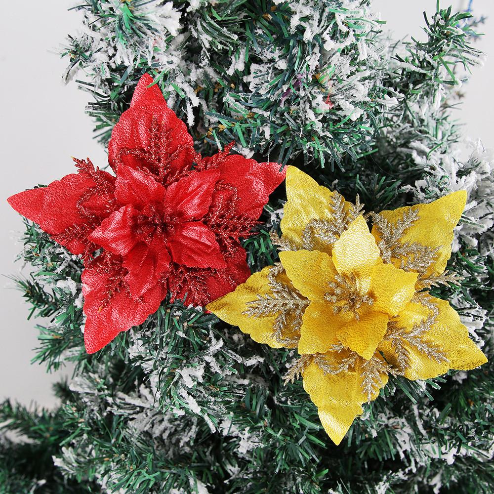 Beautiful 16cm Christmas Faux Flower Head With Glittery Gold Silver And Red Accents