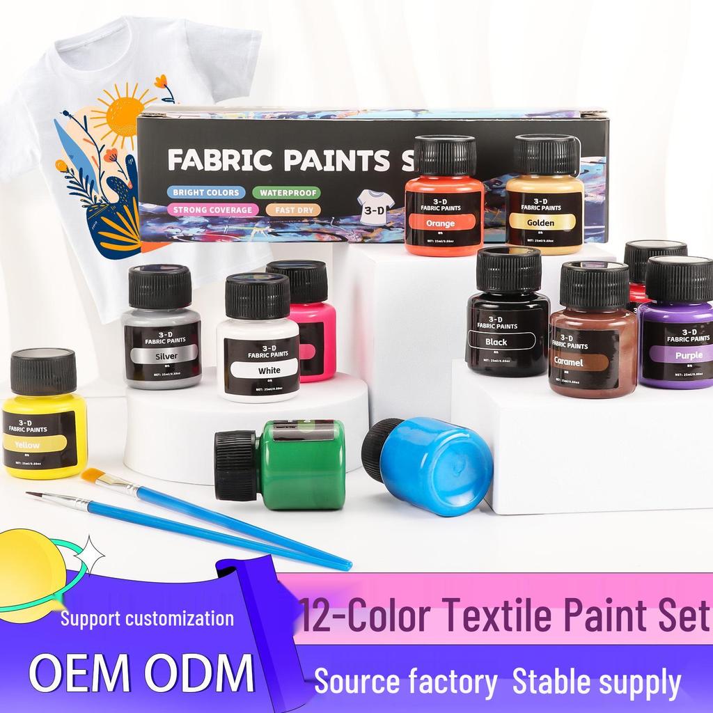 12-kleurig Textielpigmenten Set (25ml) voor doe-het-zelf Glas, Graffiti, Aquarel, Gouache en Acrylverf