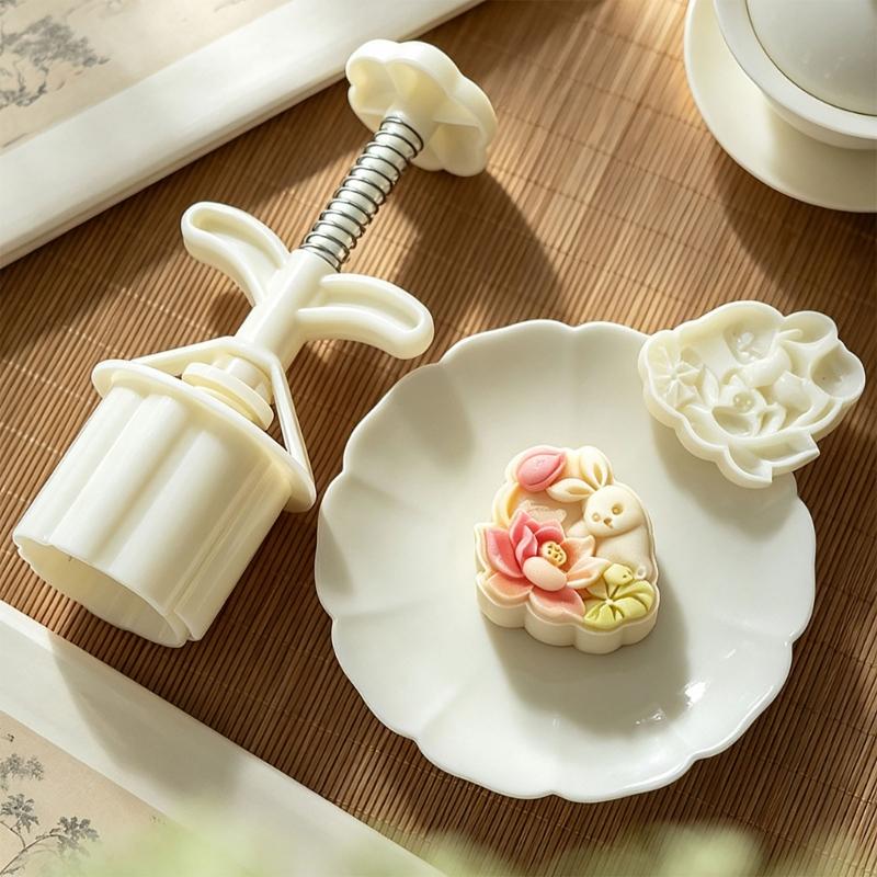 Lotuses Rabbit Moon Cake Molds 50G Manual Press Set, Plastic Pastry Shaping Tool for Pattern Dessert, Home Baking, and DIY Pastry Projects