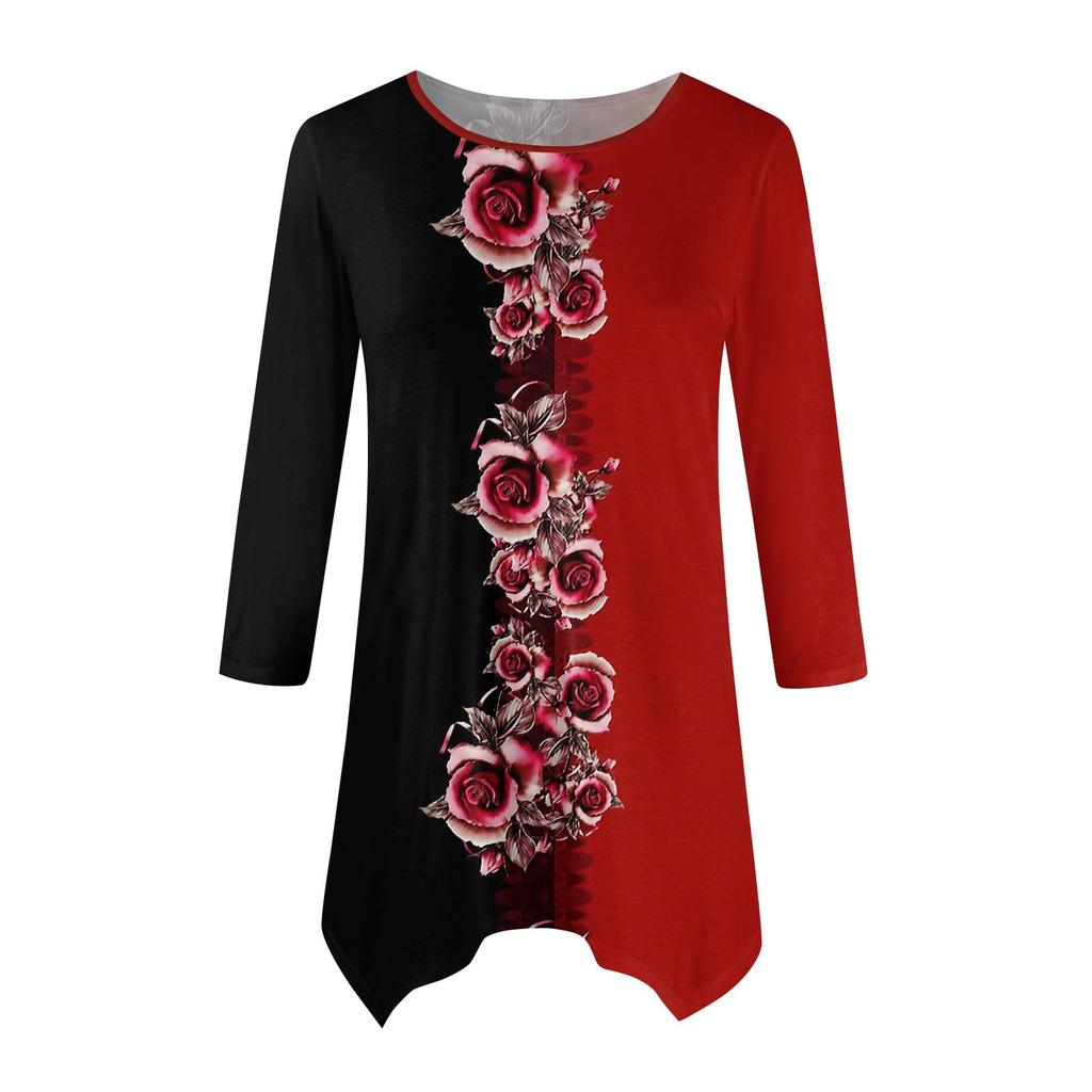 Dámská móda Ležérní tričko s kulatým výstřihem a květinovým potiskem, sedmirukávové, s páskem, volný pohodlný top