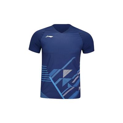 Li Ning Badminton Series Logo Streep Patroon V-Hals Pullover Korte Mouw Raglan T-Shirt Unisex Tops Indigo AAYT583-4