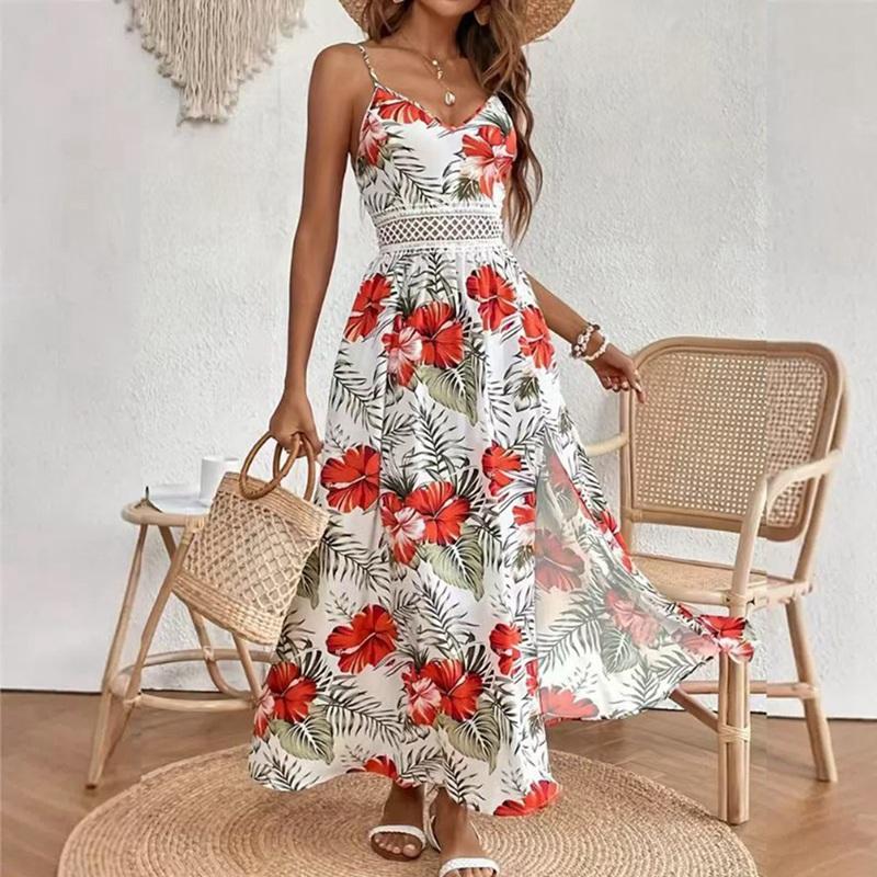 Women Summer V-Neck Elegant Print Resort Style Dress Slip Long Dress