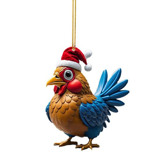 Weihnachtshuhn-Ornament, Cartoon-Huhn, Weihnachtsbaum-Hängedekoration, 2D-flacher Acryl-Anhänger für Fenster, Tür, Rucksack, Auto-Dekor
