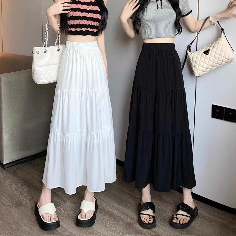 1PC High Waist Skirts Long Skirts A-line Skirts Polyester Chiffon White Elastic Women Vintage