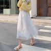Qooth Polka Dot Midi Skirt Calf Length Tulle Skirt Embroidery Print with Paillette for Summer QT2108