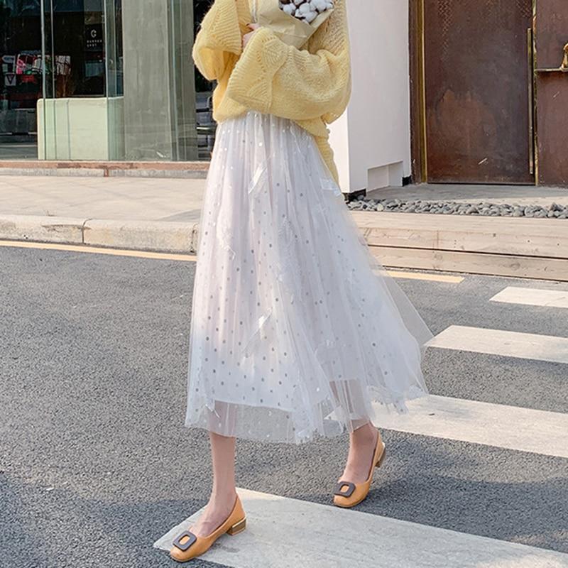 Qooth Polka Dot Midi Skirt Calf Length Tulle Skirt Embroidery Print with Paillette for Summer QT2108