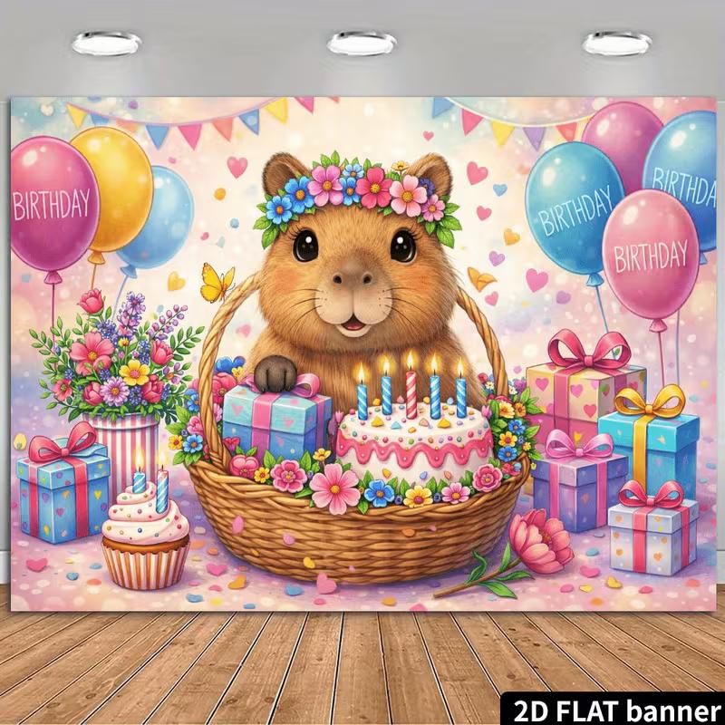 2D Flat Printing Capybara Birthday Backdrop for Girls' Party & Photo Shoot