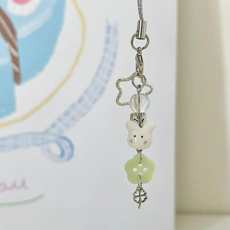 Sweet Y2K Cute Strawberry Mobile Phone Lanyard Lovely Rabbit Four Leaf Clover Star Keychain Bag Charms Girls Fresh Cute Pendant