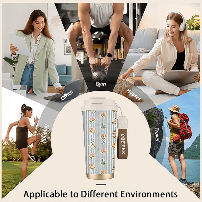 532ml Coffee Mug Vintage Floral Element Lanyard Insulated Cup Hot Cold Cup Leakproof Coffee Cup Car Cup Heat Proof Travel Cup