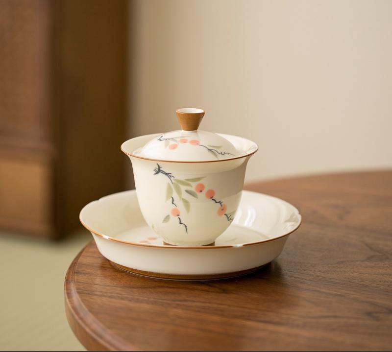 125ml Hand-painted Persimmon Bamboo Cover Bowl Household Anti Scald Gaiwan Handmade Tea Tureen Tea Making Tea Cup Tea Items Orna