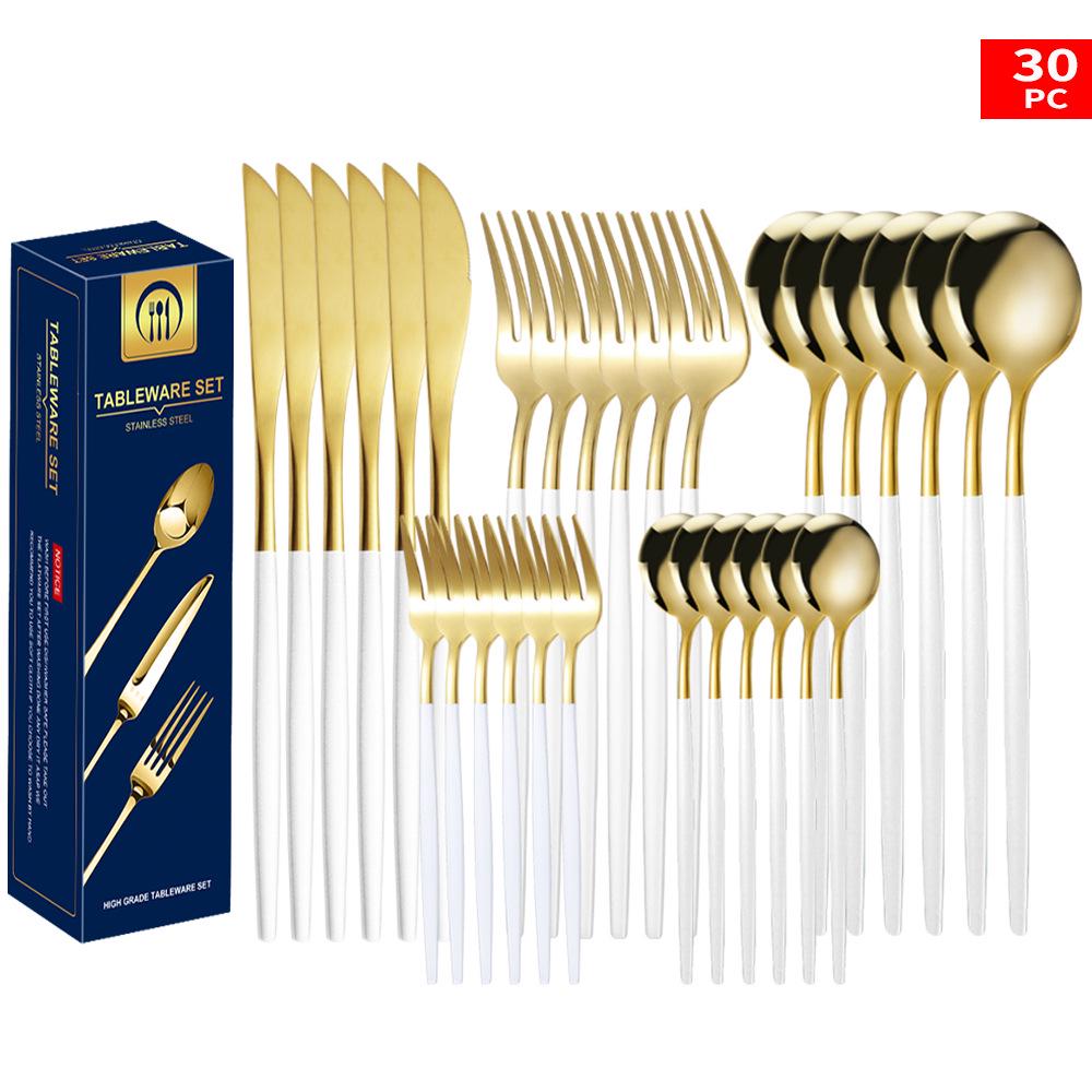 Set tacâmuri din oțel inoxidabil Portugal Gold, 24 de piese: Cuțit de Steak, Furculiță, Lingură de Hotel în Cutie Cadou