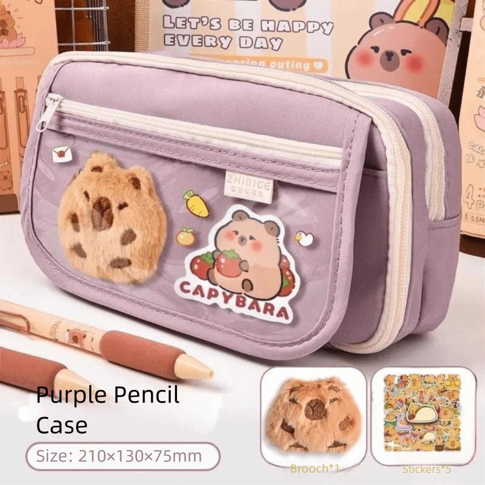 7Pcs Zipper Closure Capybara Pencil Case Large Capacity Stationery Bag Pen Bag  Office Use