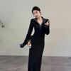 Women's Slim Fit Knitted Polo Collar Long Dress - Contrasting Color, Cinched Waist, Autumn/Winter Style