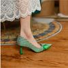 Women Pumps Luxury Green Grid Bow Cloth High Heels Summer Bride Shoes Comfortable Low Heeled Party Wedding Shoes