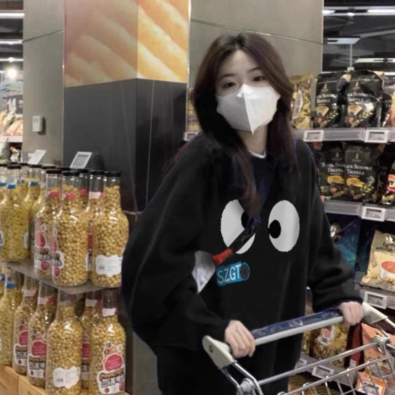 Ladies Cute Pattern Print Hoodie for Autumn Winter New Women Oversized Retro Long Sleeve Pullover Sweatshirt for Couple