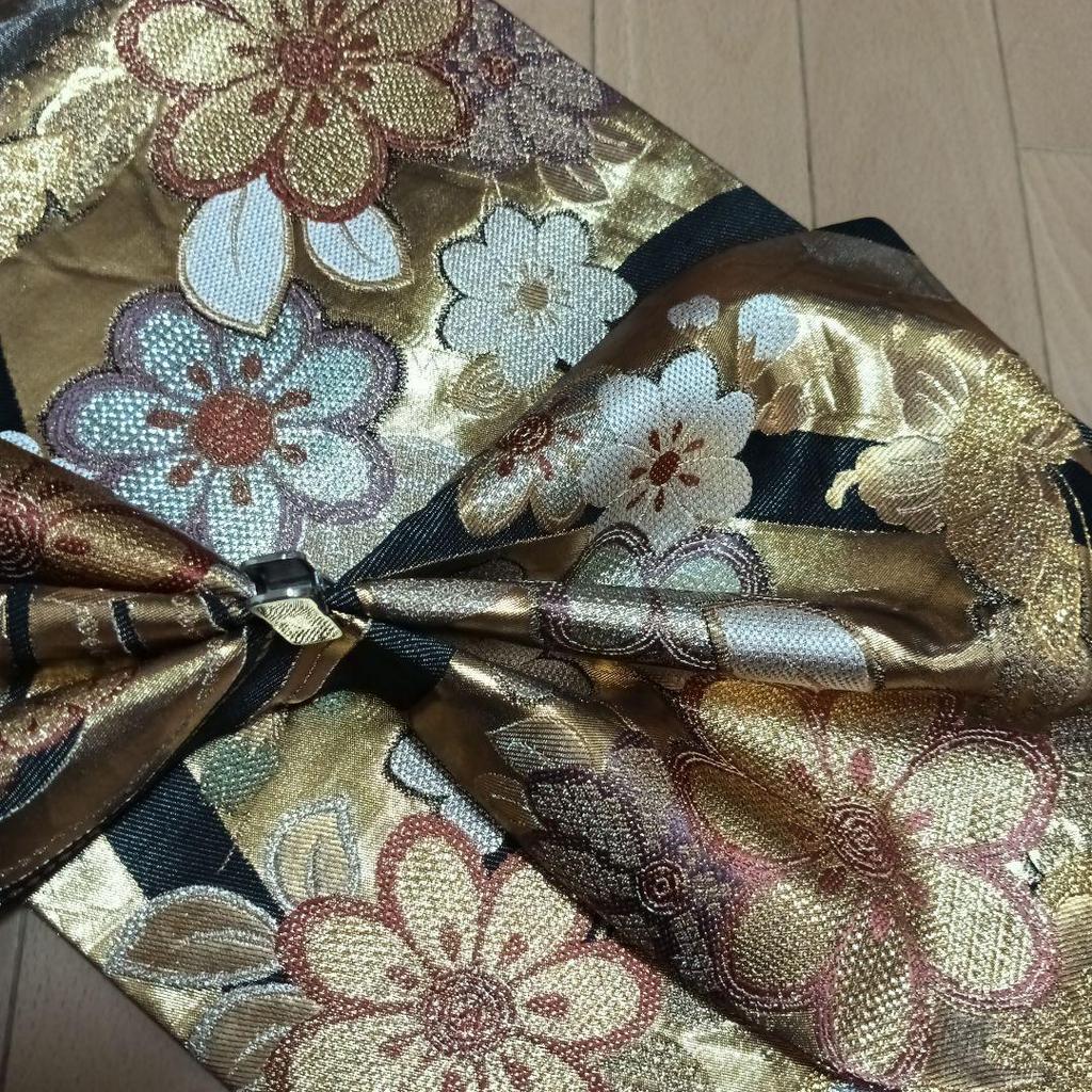 Used Pure Silk Fukuro Obi, Six-panel Pattern, Flower and Butterfly Motif, Gold Thread, Black Background, for Furisode Kimono, Coming-of-age Ceremony