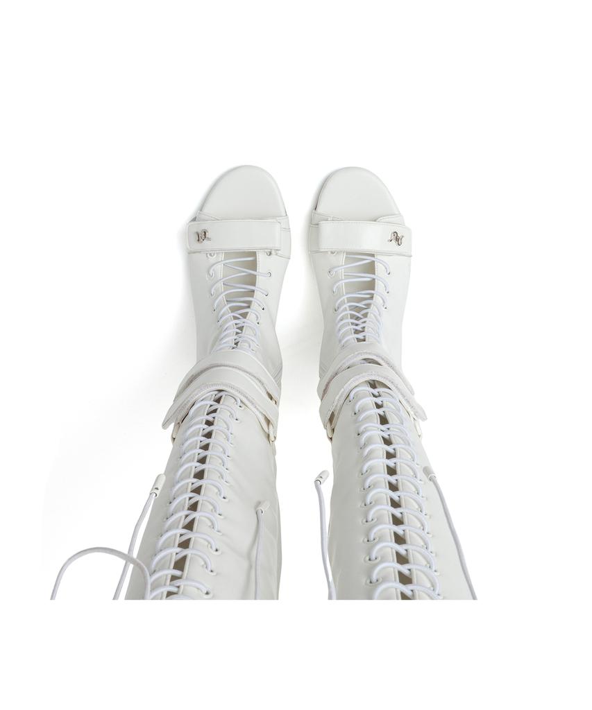 Ssimeez Double Strap Lace-Up Open-Toe Heel Boots (White)