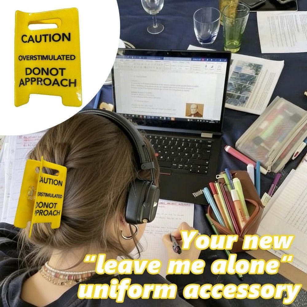 Vibrant Yellow Overstimulated Hair Claw Clip Warning Ponytail Holder Novelty Accessory