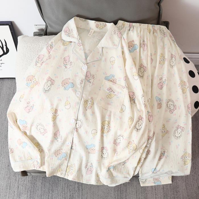 Women's Spring & Autumn Cloud Cotton Pajama Set - Thin Print & Embroidery, Loose Fit, Long Sleeve & Pants Home Wear.