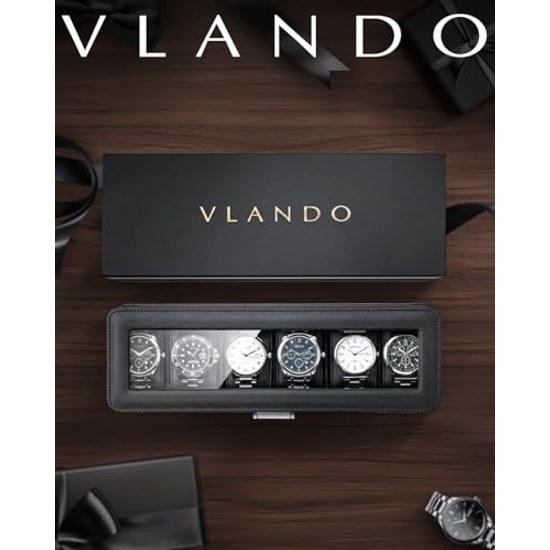 VLANDO watch case PU leather lockable key men 6 slots (black) made mens storage box accessory birthday gift