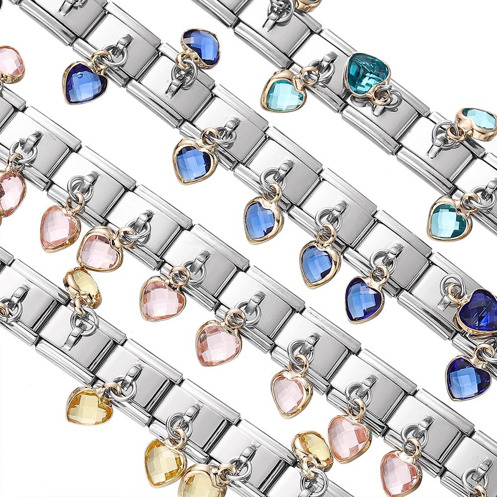 1pcs Italian Charm Links with Rhinestone Heart Pendants Fit 9mm Stainless Steel Bracelet Making Women Jewelry Accessories