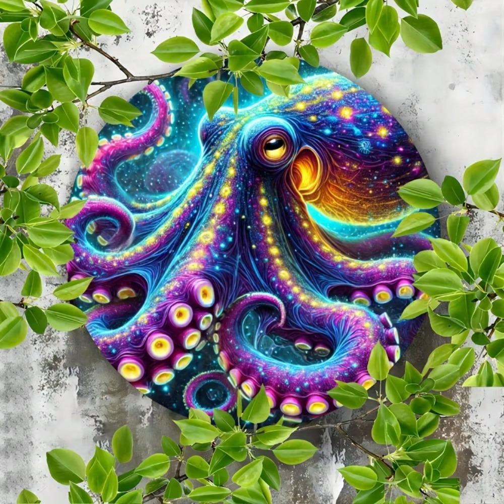 Metal Tin Sign Colorful Octopus Wall Art Durable Round Decor for Home Garden