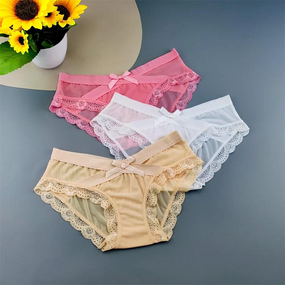 3PC Low Rise Lace Ruffles Women's Mesh Underwear Sweet Ladies Perspective Sexy Briefs Comfortable Panties
