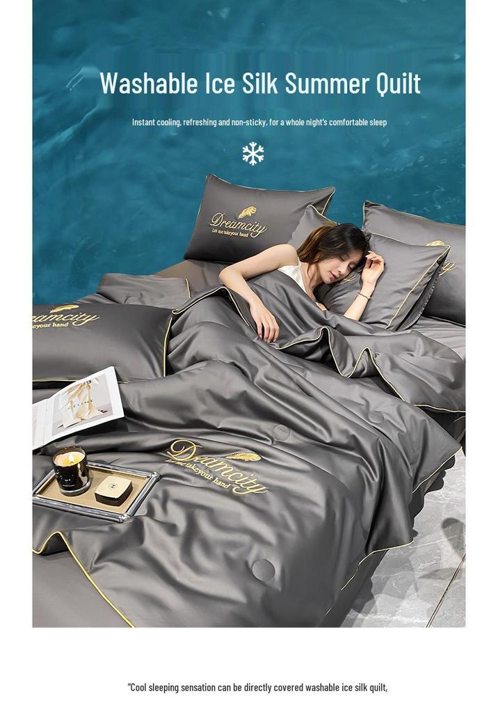 Embroidered Ice Silk Summer Quilt Set: Cool, Luxurious 3-Piece or 4-Piece with Pillowcase for Dorms.