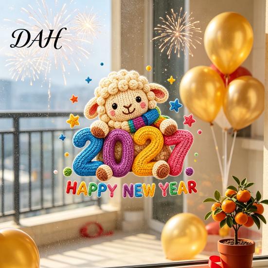 Seasonal Glass Surface Ornaments Chinese New Year Window Stickers, 2027 Goat Static Clings, Reusable Clings Crochet Knit Lamb Decor for Home Shop Easy