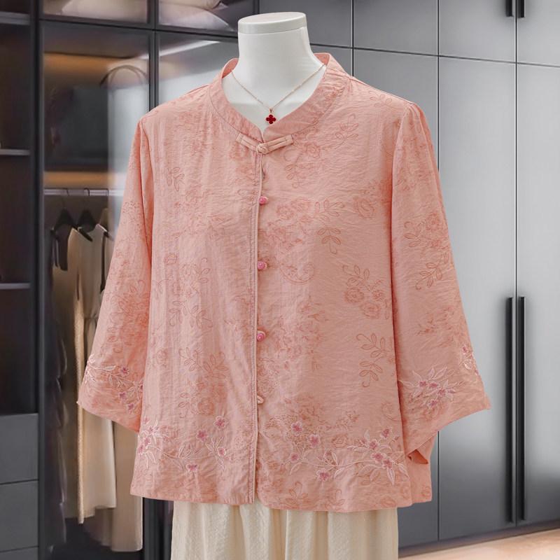 

Women s Spring Jacquard Frog Button Top - National Style, Three-Quarter Sleeve, Loose & Slimming 4XL for 135-150 lbs