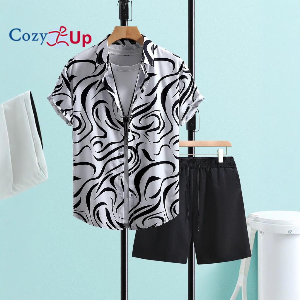 Casual Men's Black Stripe Printed Men's Short Sleeve Shirt Shorts Set Men's Shirt Summer 2025 New