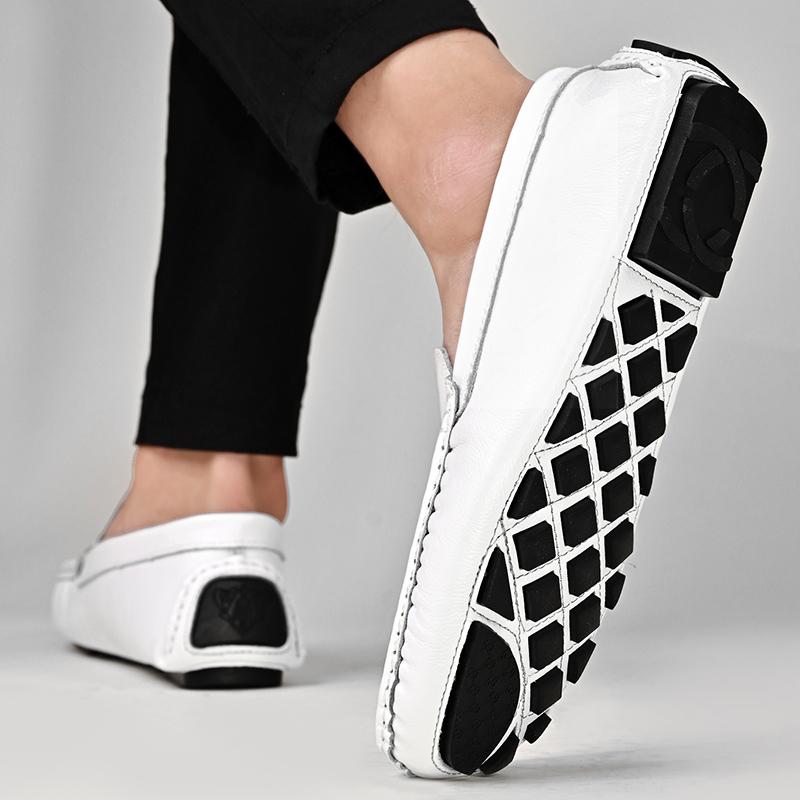 Men's Spring High-Quality White Leather Loafers Brand Business Shoes Genuine Leather Soft Sole Lightweight Driving Shoes