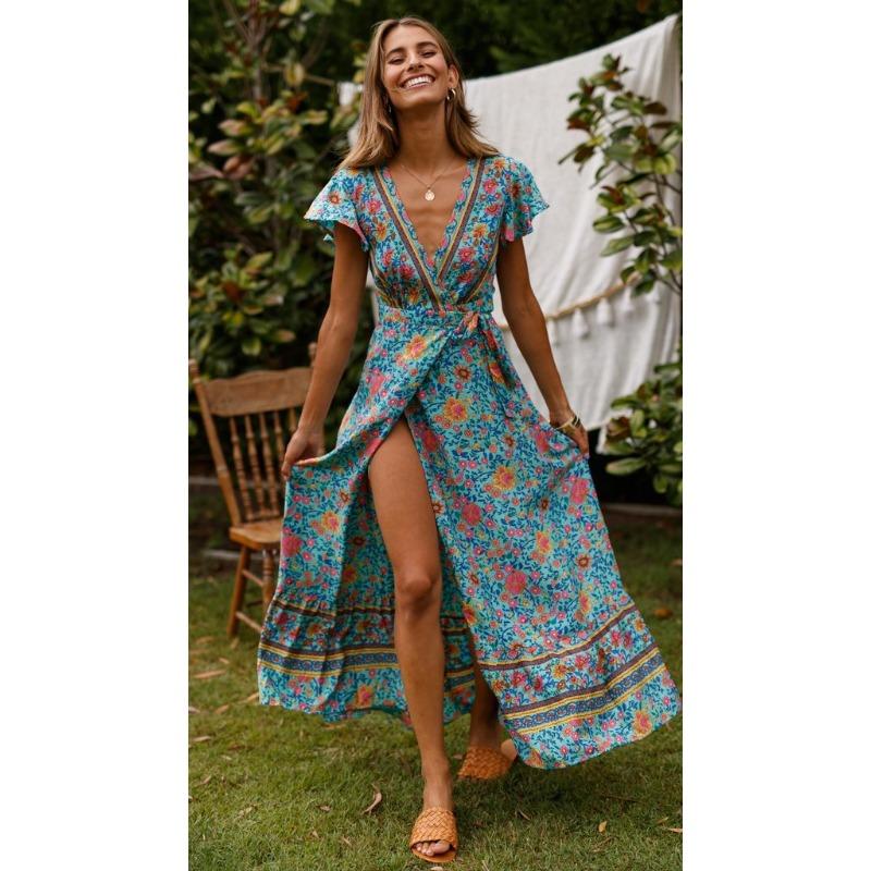 Summer Short Sleeve Casual Printed Long Dress Sexy Floral Fashion Elegant Loose Holiday A-line High Slit Party Dress Slim Fit Women's Clothing