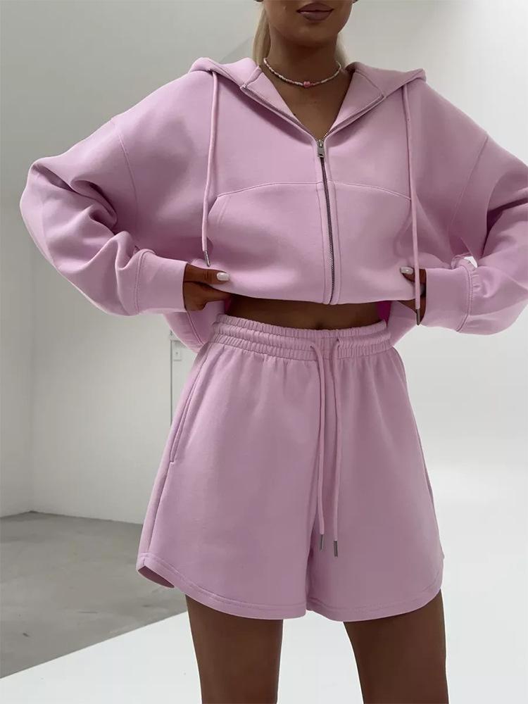 Pink Zipper Hoodie and Shorts Set S