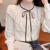 Autumn Winter Womens Tops and Blouses 2022 Cotton Blouse Button Solid Stand Collar Ladies Lace Tops Women Shirts Blusas Feminine