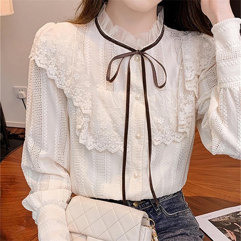 Autumn Winter Womens Tops and Blouses 2022 Cotton Blouse Button Solid Stand Collar Ladies Lace Tops Women Shirts Blusas Feminine