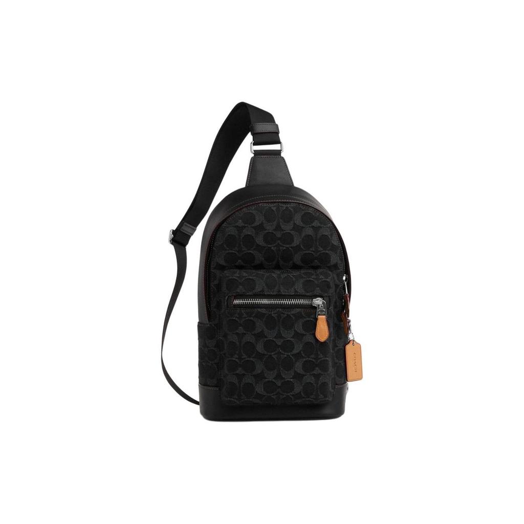 Coach West 20 Classic Logo Multifunction Pocket Zipper Fabric With Leather Shoulder Bag Crossbody Bag Chest Bag Small Men bags Khaki Black CO913-SVBK