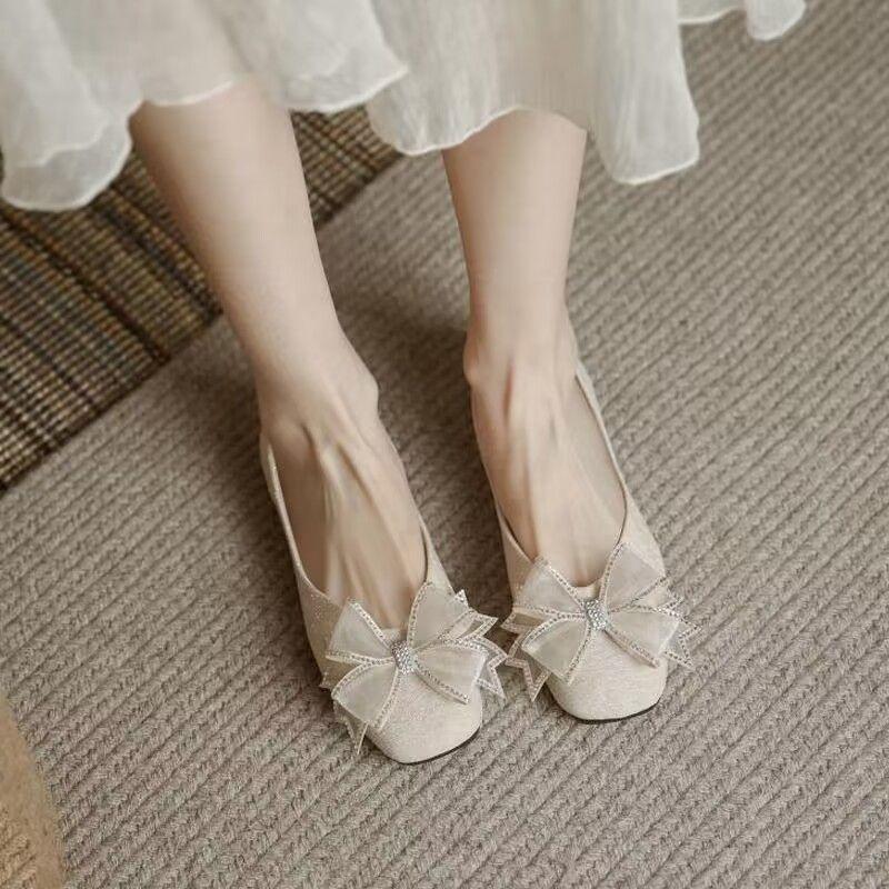 Fashion Square Toe Wedding Bride Shoe Rhinestone With Bow Woman Flats 2025 Trend Low Price Y2k Quick Delivery 39 Slip-on Shoes for Women