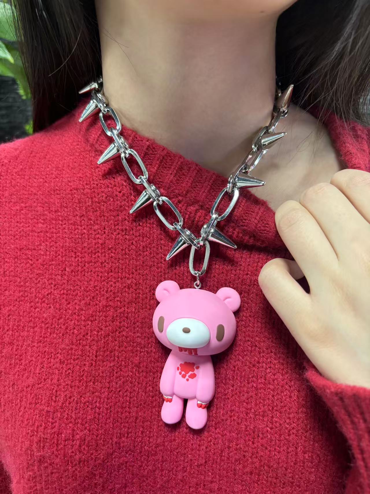 Edgy necklace with spiked chain & cute gothic bear pendant. Bold .