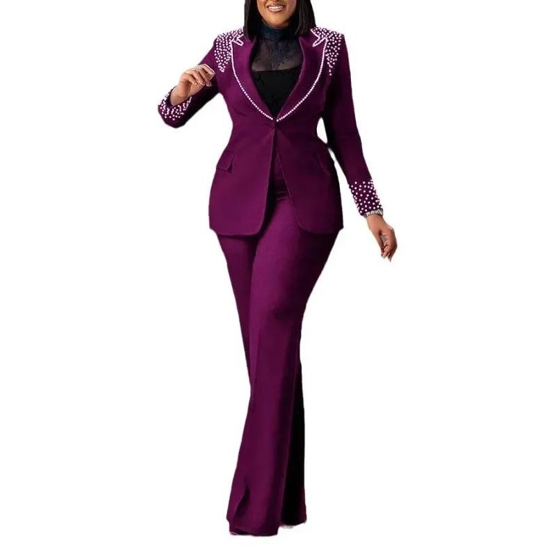 Fashion Pearl Splicing Women's Set Long Sleeve Blazer Wide Leg Pants Suit Winter Set Outfit