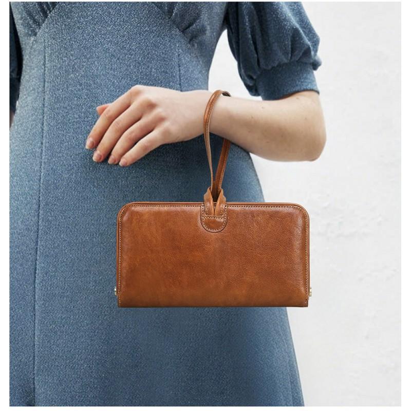 Vollnarbiges Lammleder Baumwolle Damen Tasche mit Handgelenkschlaufe Metallscharnier Modische Echte Leder Handtasche Geldbörse