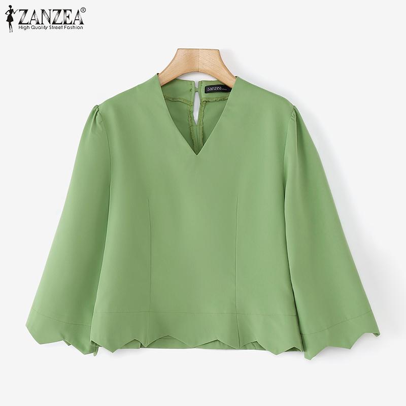 ZANZEA Damen V-Ausschnitt Locker Lässig 3/4 Ärmel Einfarbig Bluse