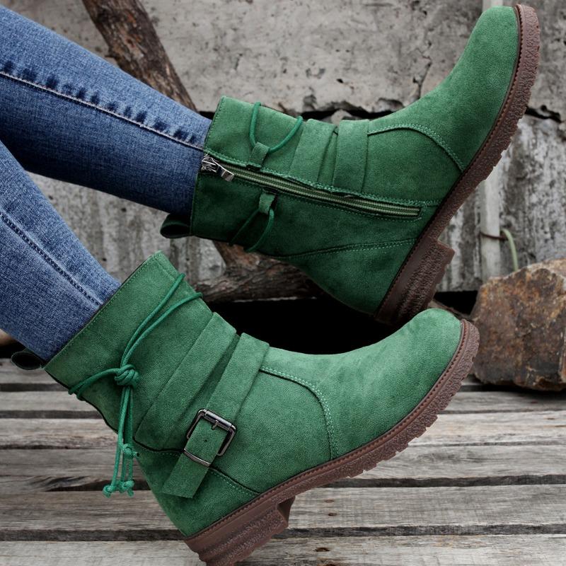 Fall/Winter New Arrival Round-Toe Side-Zip Low-Heel Oversized Short Boots Flat-Sole Buckle-Fastening Suede Martin Boots