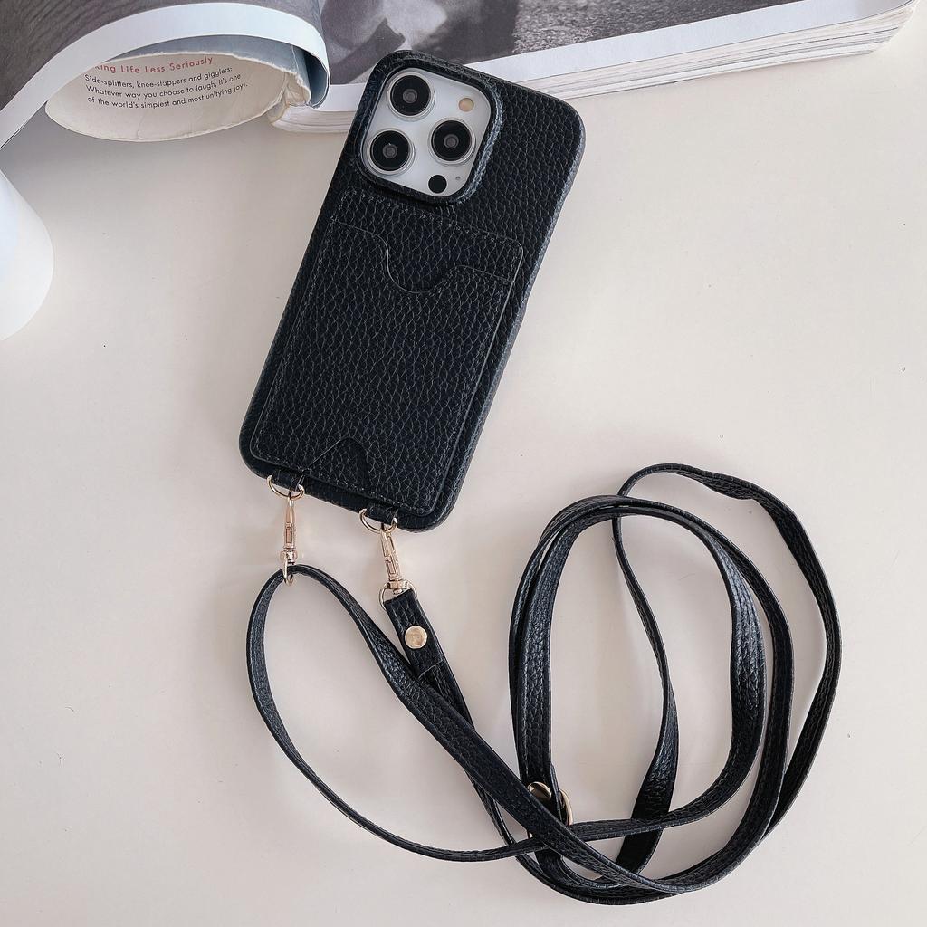 Long Lanyard Vertical Cards Solt Leather Wallet Case For iPhone 15 Pro Max 14 Plus 13 Mini 12 11 7 SE 2022 Crossbody Skin Cover